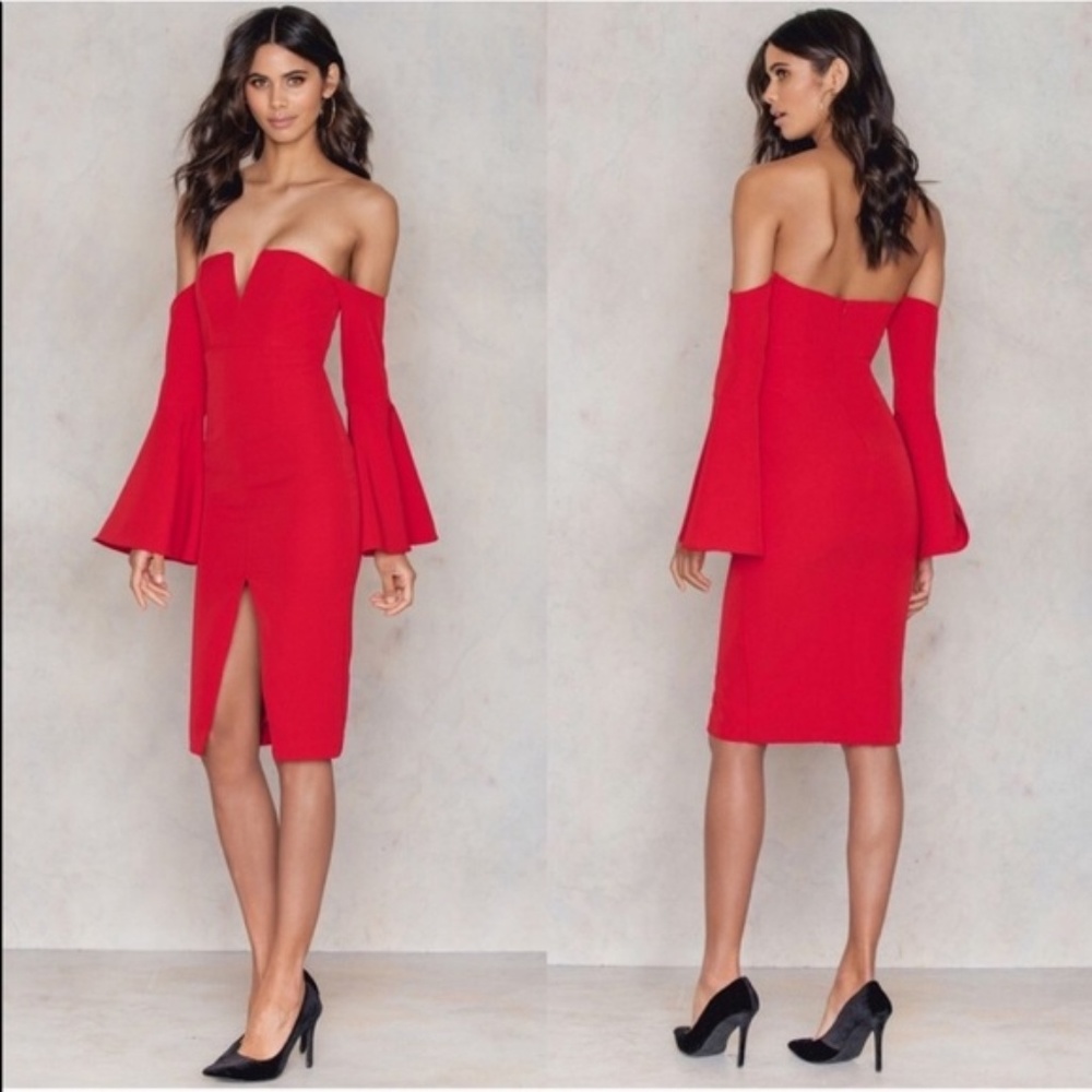 Bardot Deep V Midi Dress 10 Off Shoulder Red fits a 6